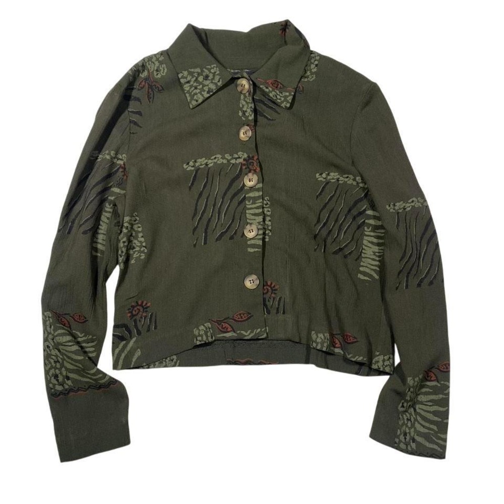 Positive Attitude Petite Top Green Floral Animal Button Up Crop Jacket‎ Size 4